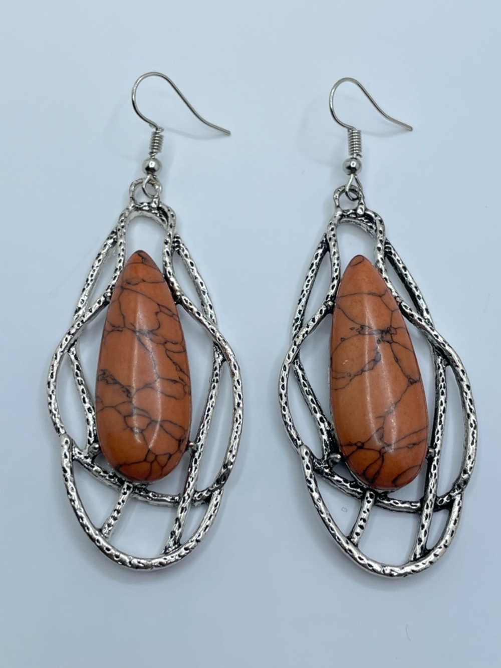 Silver Tone Brown Magnesite Dangle Earrings Boho Statement Drop